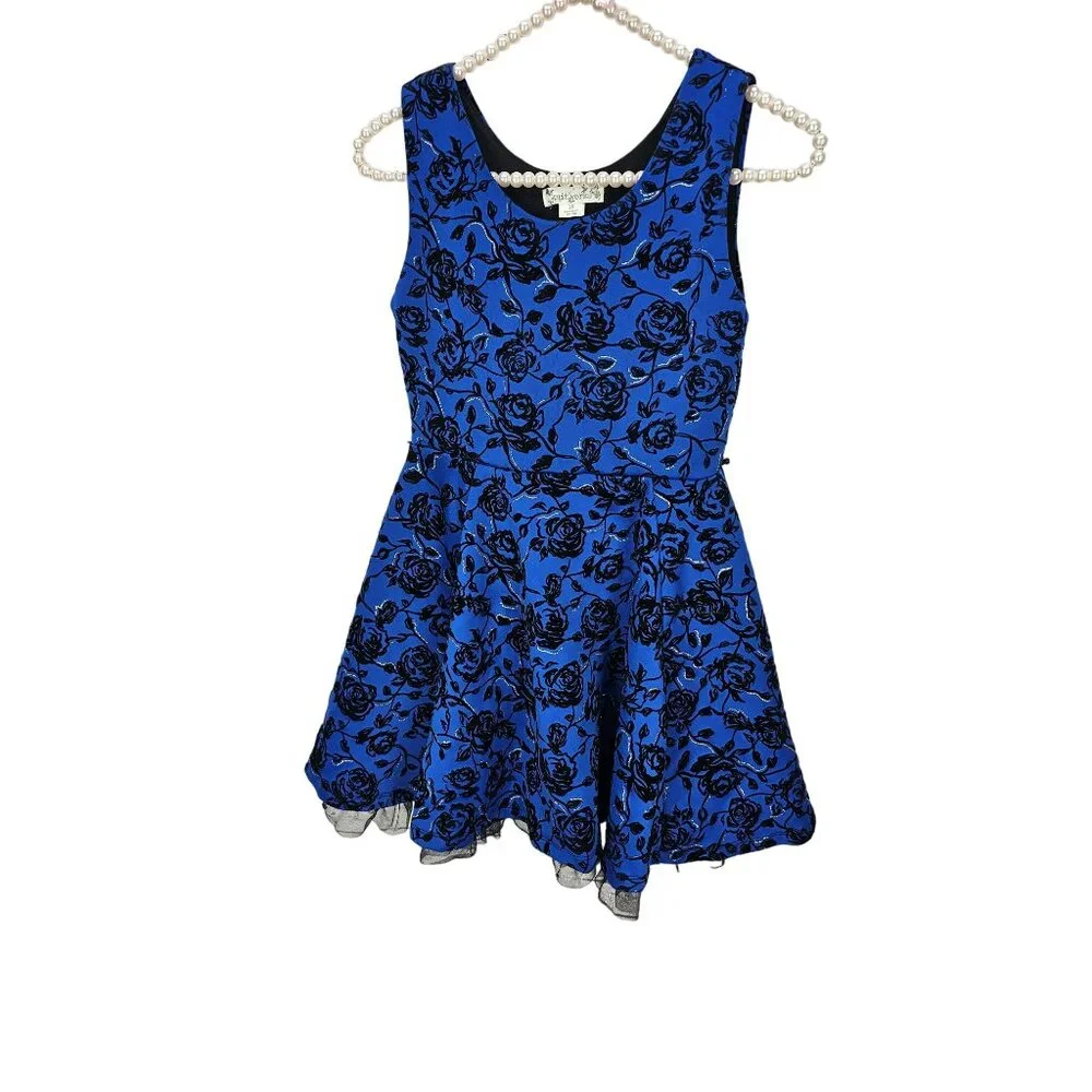 Knitworks Girls Blue Black Floral Sleeveless Dress Size 12‎